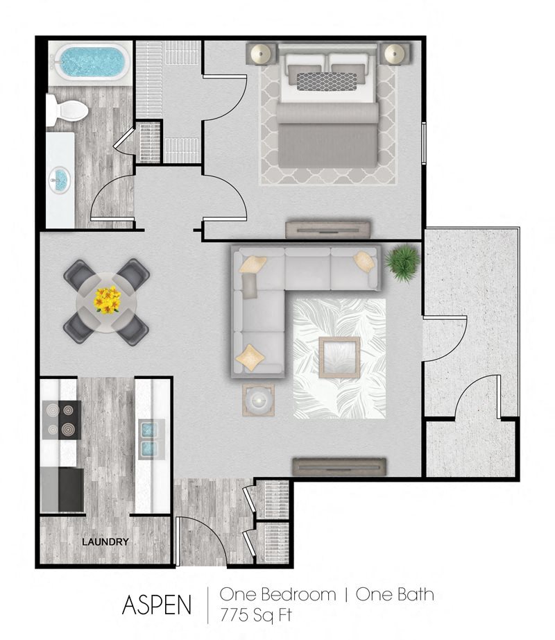 Summer Trace one bedroom & one bathroom floor plan with 775 square feet called Aspen in Gulf Shores, AL