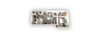 A top-down view of a small apartment with a kitchen, living room, and bedroom.