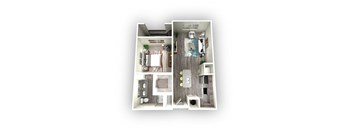 A top-down view of a small apartment with a kitchen, living room, and bathroom.