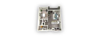 A top-down view of a small apartment with a kitchen, living room, and bedroom.