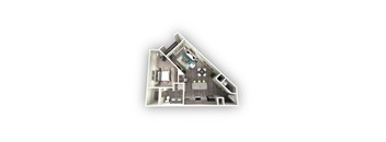 A 3D floor plan of a house with a kitchen, living room, and bathroom.