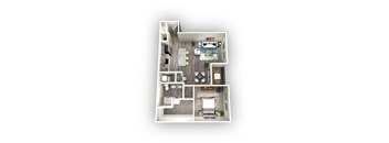 A floor plan of a house with a kitchen, living room, and two bedrooms.