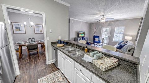 a kitchen with a counter top and a sink