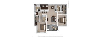 Diamond 2-bedroom/2-bathroom 3D floor plan layout with furnishings at Riverstone apartments for rent in Macon, GA