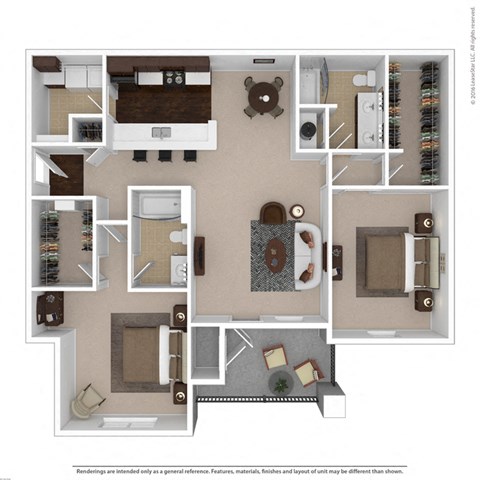Diamond 2-bedroom/2-bathroom 3D floor plan layout with furnishings at Riverstone apartments for rent in Macon, GA