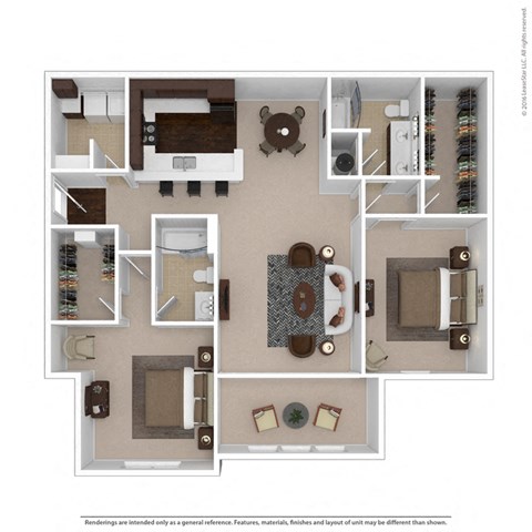 Diamond Great Room 2-bedroom/2-bathroom 3D floor plan layout with 1,495 square feet at Riverstone apartments for rent in Macon, GA