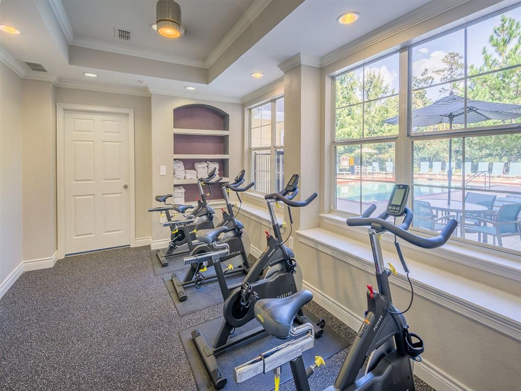 Premium fitness center with exercise equipment, padded flooring, tall windows, and high ceiling at Evergreen at Mahan in Tallahassee, FL