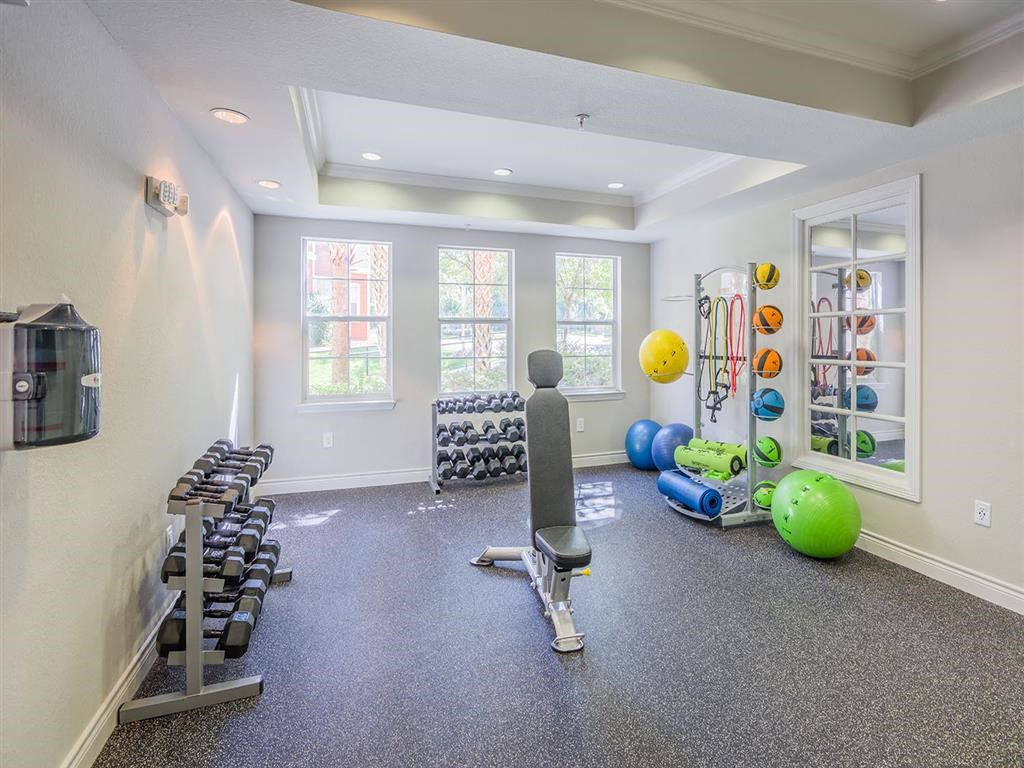Tallahassee, FL apartment complex premium fitness center with exercise equipment, dumbells, padded flooring, and high ceiling at Evergreen at Mahan