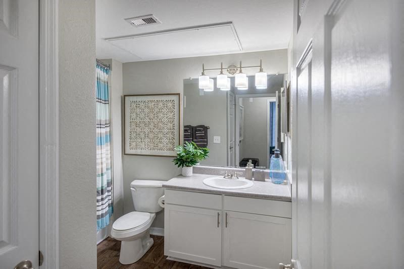 Bathroom with tub/shower, toilet, wide mirror, sink with extended counter, wood-designed flooring, and high ceiling at Evergreens at Mahan apartments in Tallahassee, FL