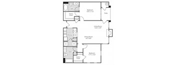 2-bedroom/2-bathroom floor plan layout with 1,044 square feet at Evergreens at Mahan apartments for rent in Tallahassee, FL