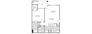 1-bedroom/1-bathroom floor plan layout with 799 square feet at Evergreens at Mahan apartments for rent in Tallahassee, FL