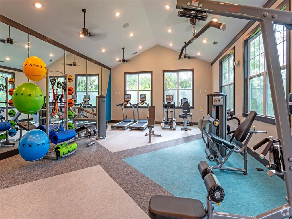 Fully equipped premium fitness center at Lullwater at Blair Stone apartments for rent