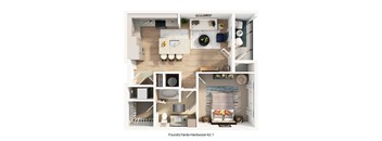 A 3D rendered image of a small apartment layout.