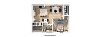 A 3D floor plan of a small apartment with a living room, kitchen, and bedroom.