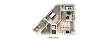 A top down view of a small apartment with a kitchen, living room, and bedroom.