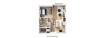 A FoundryYards Hardwood floor plan shows a living room, dining room, kitchen, and two bedrooms.