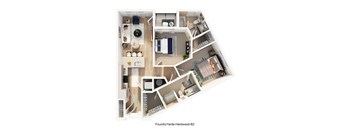 A 3D floor plan of a FoundryYards-Hardwood-B2 apartment.