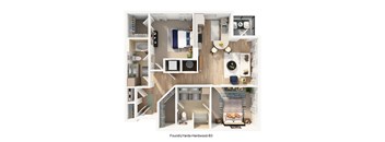 A 3D floor plan of a FoundryYards-Hardwood-B3 apartment.