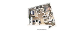 A 3D floor plan of a house layout.