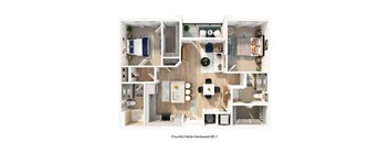 A 3D floor plan of a house layout.