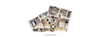 A 3D layout of a house with different rooms and furniture.