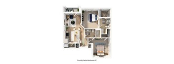 A Foundry Yards Hardwood-B7 floor plan shows a living room, dining room, kitchen, and two bedrooms.