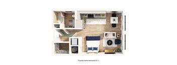 A top-down view of a small apartment layout with labeled areas.
