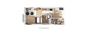 A top-down view of a room with a kitchen, living room, and dining area.