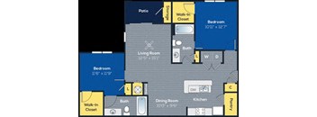 The Brasstown colored 2-bedroom/2-bathroom floor plan layout with 1,099 square feet at Heritage at Riverstone apartments for rent in Canton, GA