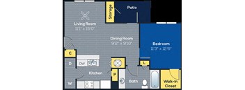 The Kennesaw colored 1-bedroom/1-bathroom floor plan layout with 725 square feet at Heritage at Riverstone Apartments in Canton, GA