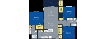 The Smithgall colored 3-bedroom/2-bathroom floor plan layout with 1,326 square feet at Heritage at Riverstone apartments for rent in Canton, GA