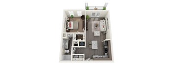 A-1 1-bedroom/1-bathroom 3D floor plan layout with 724 to 793 square feet at The Station at Brighton apartments for rent in Grovetown, GA