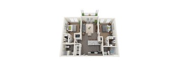 B-1 2-bedroom/2-bathroom 3D floor plan layout with 976 to 1,055 square feet at The Station at Brighton apartments for rent in Grovetown, GA