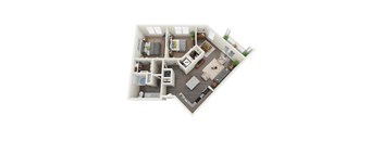 B-2 2-bedroom/1-bathroom 3D floor plan layout with 1,023 square feet at The Station at Brighton apartments for rent in Grovetown, GA