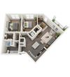 B-2 2-bedroom/1-bathroom 3D floor plan layout with 1,023 square feet at The Station at Brighton apartments for rent in Grovetown, GA