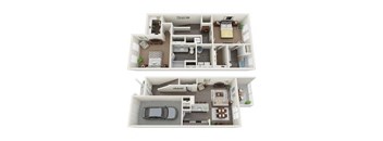 TH-1 2-bedroom/2-bathroom townhome 3D floor plan layout with 1,515 square feet at The Station at Brighton apartments for rent in Grovetown, GA