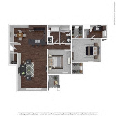 Crystal Great Room 2-bedroom/2-bathroom alternative furnished floor plan layout with 1,390 square feet at Riverstone apartments for rent in Macon, GA