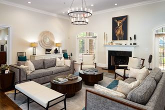 Resident clubhouse with sofas, chair and fireplace at Heritage at Riverstone in Canton, GA - Photo Gallery