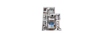 A 3D floor plan of a small apartment with a kitchen, living room, and bedroom.