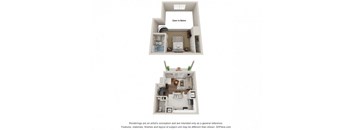 a stylized floor plan of a one bedroom apartment