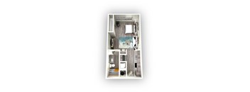 A top-down view of a small apartment with a bedroom, living room, and kitchen.