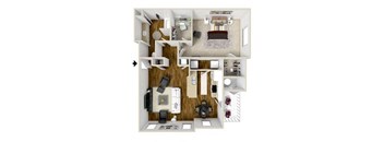 1-bedroom/1-bathroom 3D floor plan layout with 839 square feet at The Gables apartments for rent in Ridgeland, MS