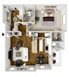 1-bedroom/1-bathroom 3D floor plan layout with 839 square feet at The Gables apartments for rent in Ridgeland, MS