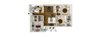 3-bedroom/2-bathroom 3D floor plan layout with 1,332 square feet at The Gables apartments for rent in Ridgeland, MS