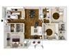 3-bedroom/2-bathroom 3D floor plan layout with 1,332 square feet at The Gables apartments for rent in Ridgeland, MS