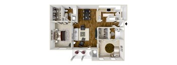 2-bedroom/2-bathroom 3D floor plan layout with 1,180 square feet at The Gables apartments for rent in Ridgeland, MS