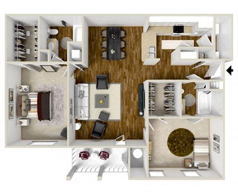 2-bedroom/2-bathroom 3D floor plan layout with 1,180 square feet at The Gables apartments for rent in Ridgeland, MS