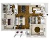 2-bedroom/2-bathroom 3D floor plan layout with 1,180 square feet at The Gables apartments for rent in Ridgeland, MS