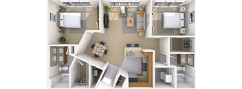 a 3d rendering of a floor plan with a bedroom and a living room