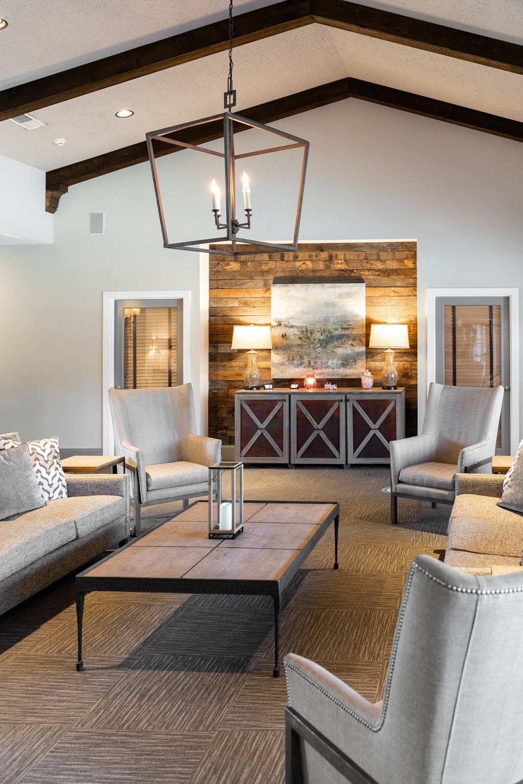 Leasing office and clubhouse interior seating at The Oaks of St. Clair in Moody, AL